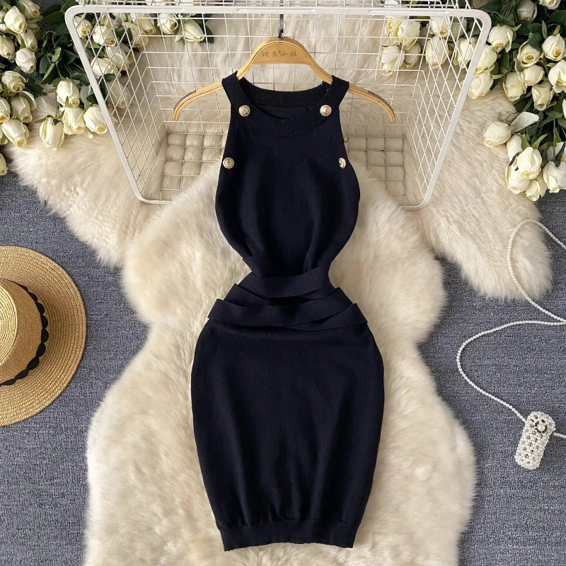 Botões verão feminino tricô bainha tanque vestido feminino bodycon malha camisola sem mangas mini vestidos para roupas femininas
