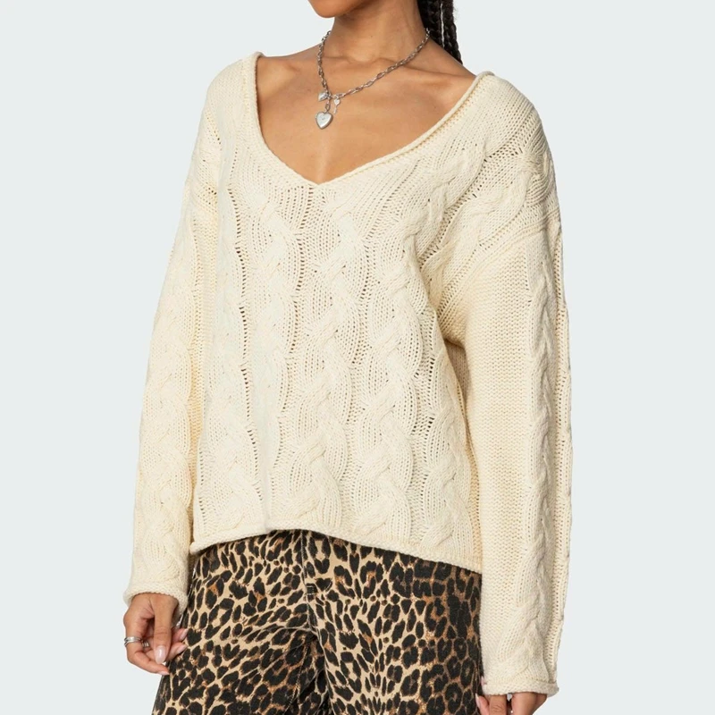 

Women Cable Knit Sweaters Loose Fit Solid Color y2k Deep V Neck Off Shoulder Long Sleeve Casual Pullover Knitwear Top