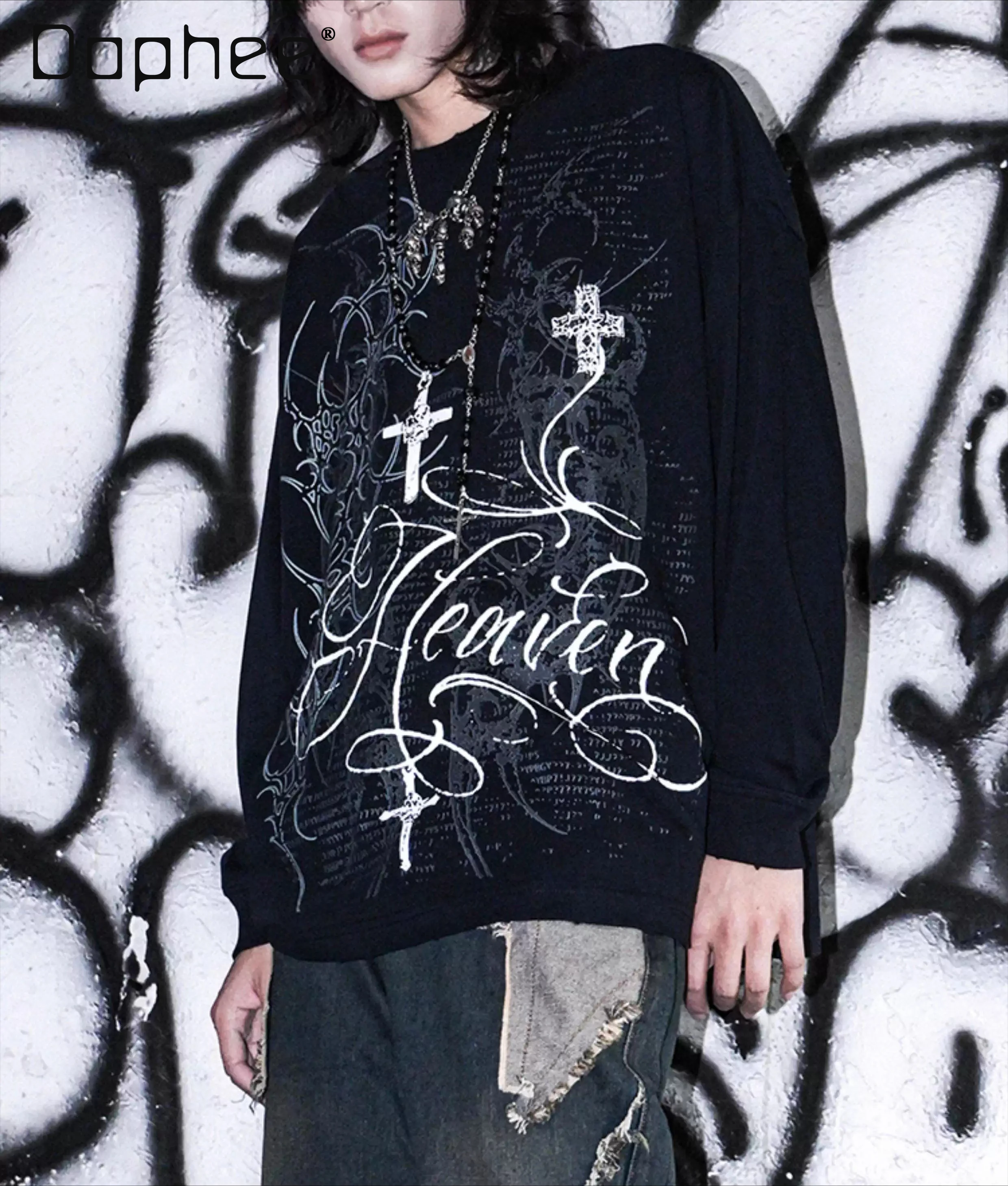 Spring and Autumn New Rock Subculture Dark Punk Gothic Style Men's Loose Casual Printed Round Neck Long Sleeve T-Shirt