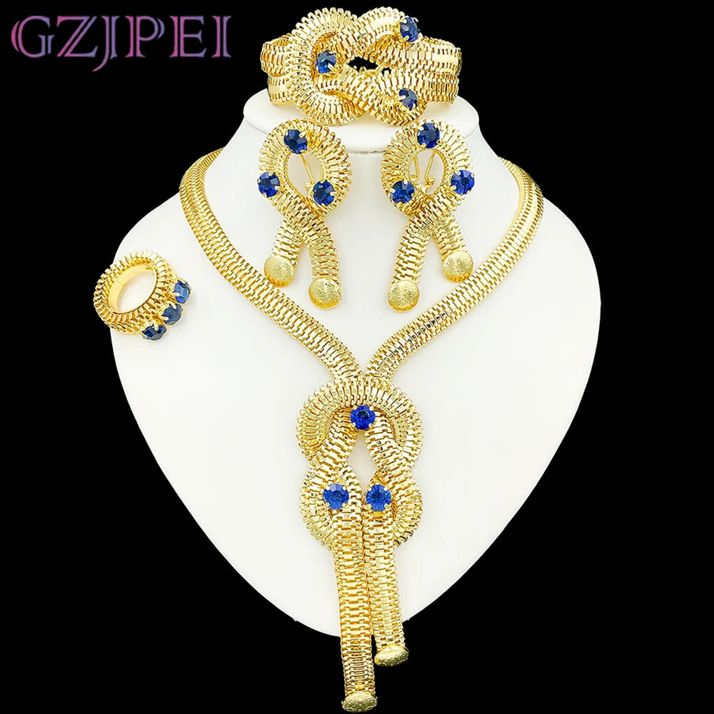 GZJPEI 2026 New 4 Pcs Jewelry Set Blue Zircon Exquisite Snake Chain Design For Women Dubai Nigerian Bridal Wedding Party Gifts