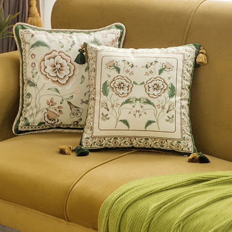 Quality Velvet Cushion Cover,Luxury Floral Tassel Pillowcase,Shell Square,American Farmhouse,Vintage Home Decoration,Green,45cm