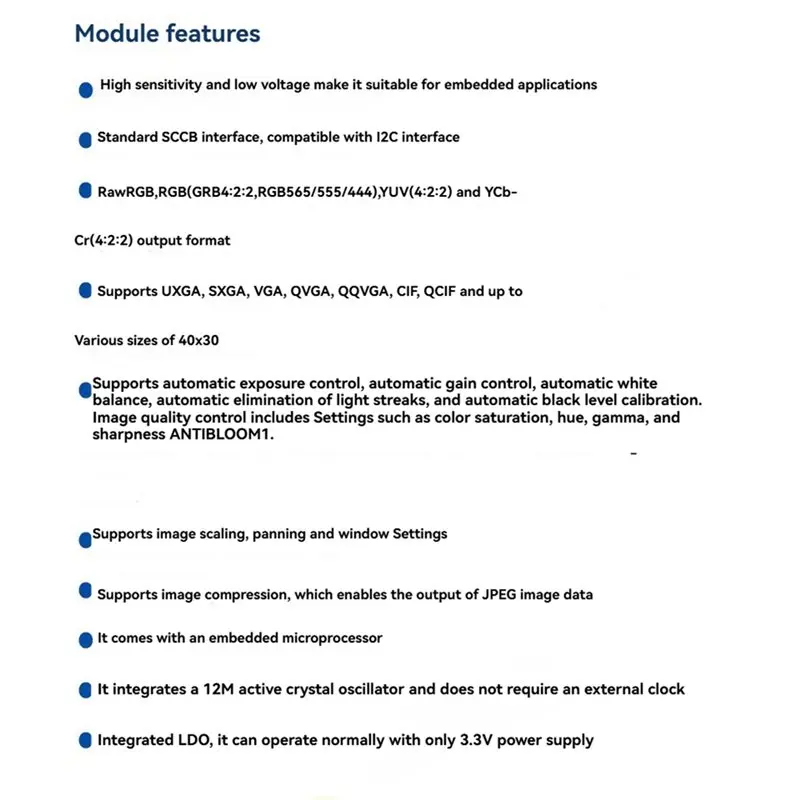 HFES OV2640 2MP 1600X1200 Pixel Camera Module STM32F4 Driver Source Code Supports RGB565/JPEG YUV/Ycbcr Output