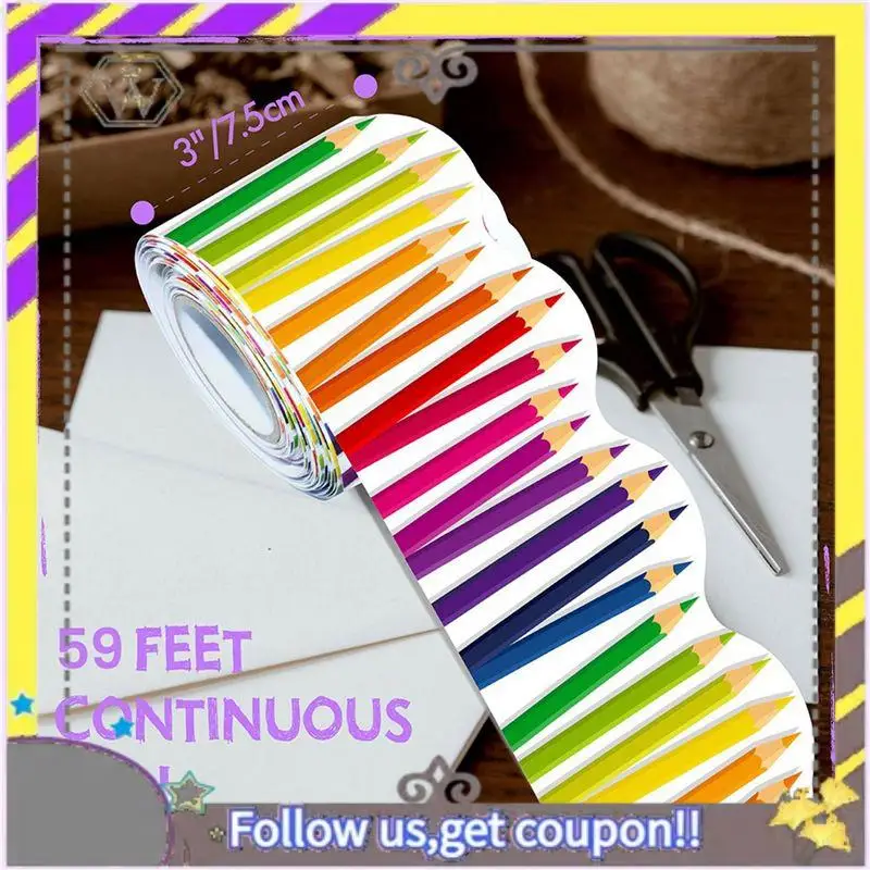 AU33-3 Roll 59Ft Self Adhesive Bulletin Board Borders Scalloped Border Trim With Pencil Patterns For Classroom Office Decor