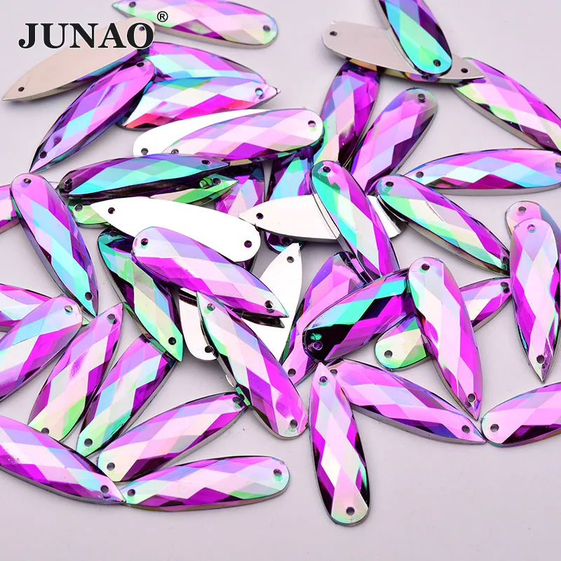JUNAO 30Pcs 8*28mm Yellow AB Sew Acrylic Teardrop Rhinestones Applique Flat Back Crystal Stone For Clothes Wedding Decoration
