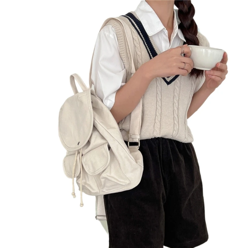 Korean Womens Canvas Drawstring Backpack with Vintage Look Multiple Pockets E74B