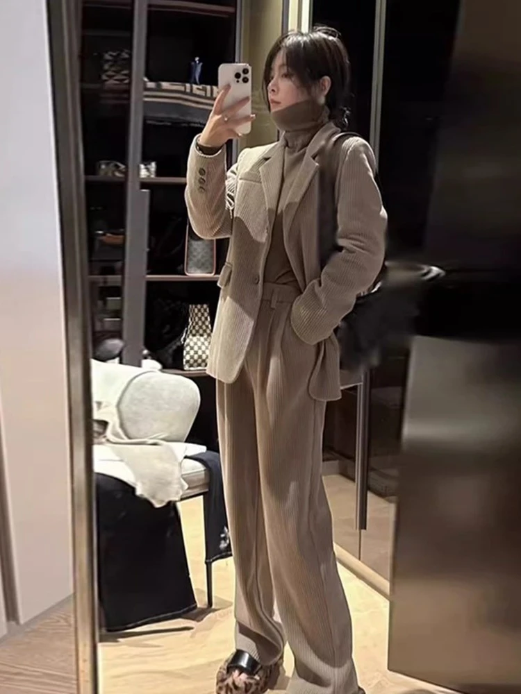 Insozkdg New Women Solid Elegant Blazer Pantsuits Vintage Corduroy Office Business Two Pieces Set Female Formal Trousers Sets