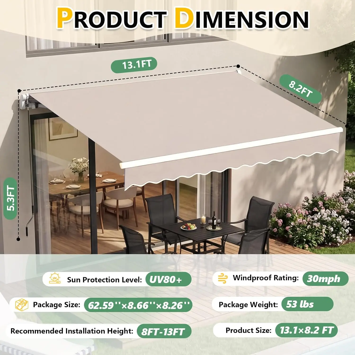 13.1'×8.2' Patio Awning Retractable Awnings, Sun Shade Shelter with Manual Crank Handle, Outdoor Waterproof, Customized