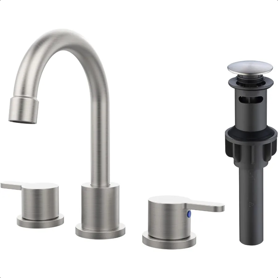 

Широко распространенный смеситель для раковины в ванной, матовый никель, 2 ручки, 8-дюймовый смеситель для унитаза, 3 отверстия, 360 ° Смеситель для раковины с поворотным изливом