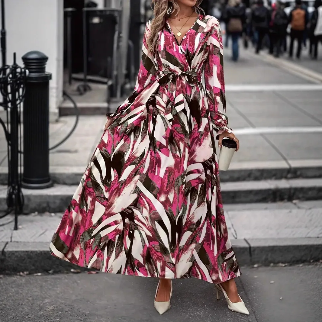 

Retro Ethnic Style Dress Women's New Spring Autumn Elegant Lace Up Lantern Sleeves Waist Cinching Long Dress Vestido Mujer Robe