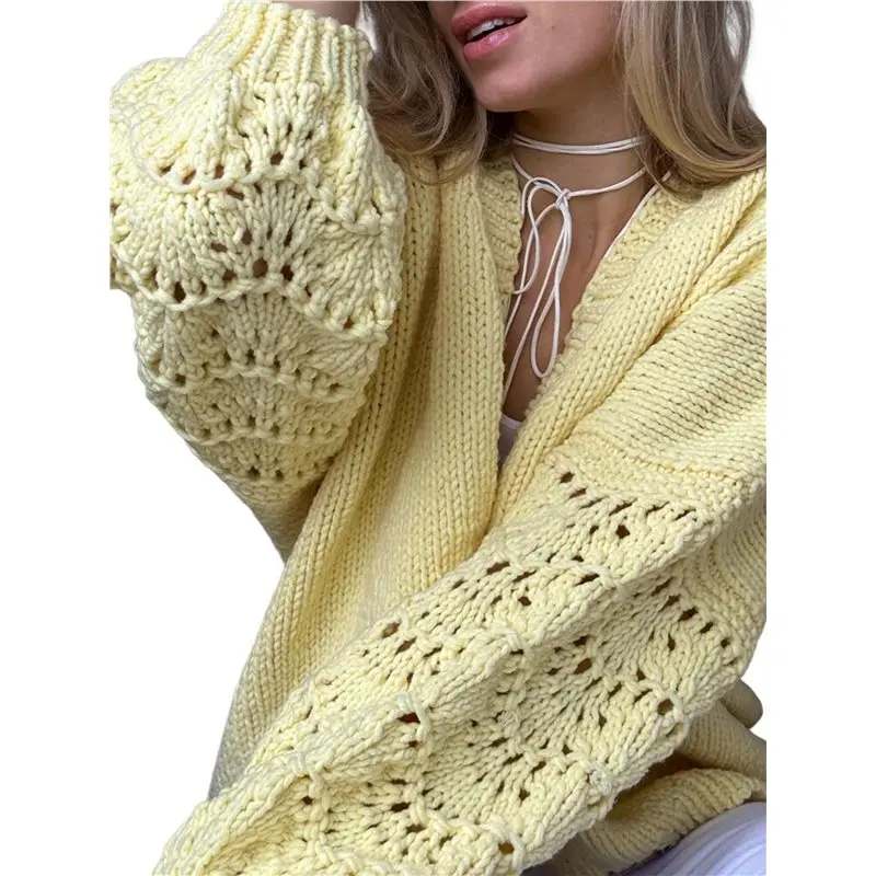 

CYL-Womens Crochet Sweater Long Sleeve Hollow Out Open Front Outwear