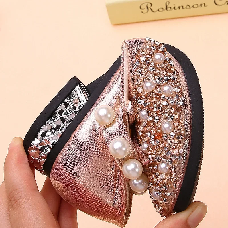 2024 Fashion Children Princess Leather Shoes for Girls Crystal Summer Party Wedding Performance Soft Sweet Pearl Single Shoes