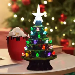 Mini Ceramic Christmas Tree Figurine Colorful LED Light-up Xmas Tree Statue Sculpture Home Office Desktop Ornament Decoration