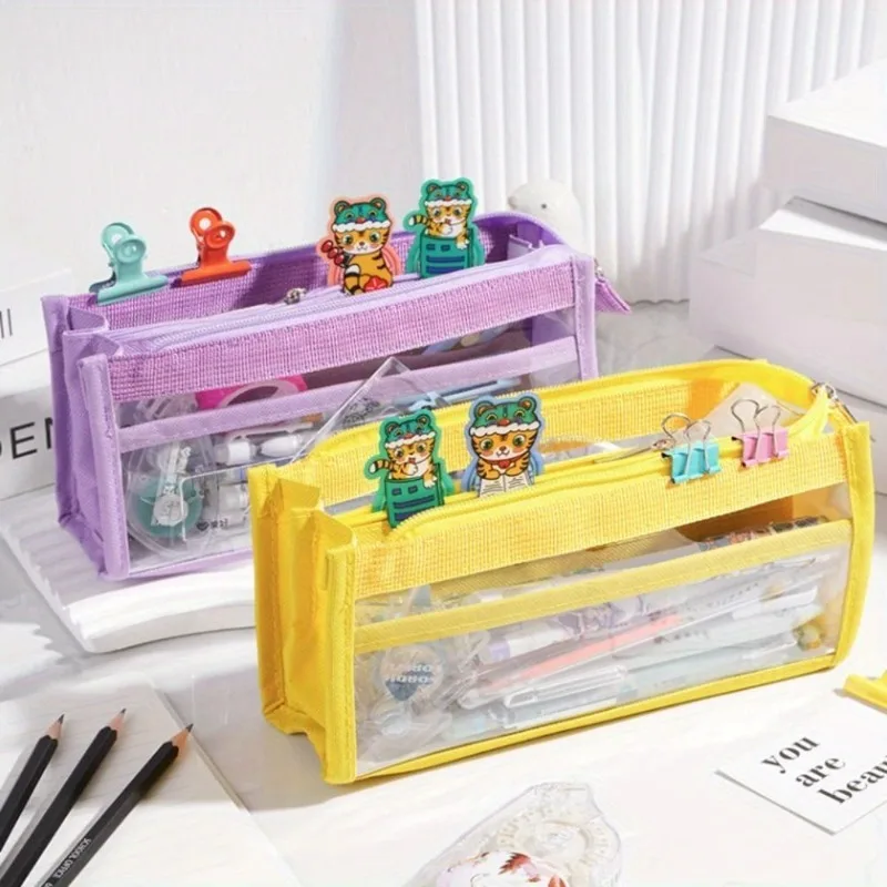 1pc Large Capacity Transparent Pencil Case, Waterproof Mesh & PVC School Supply Organizer for Students