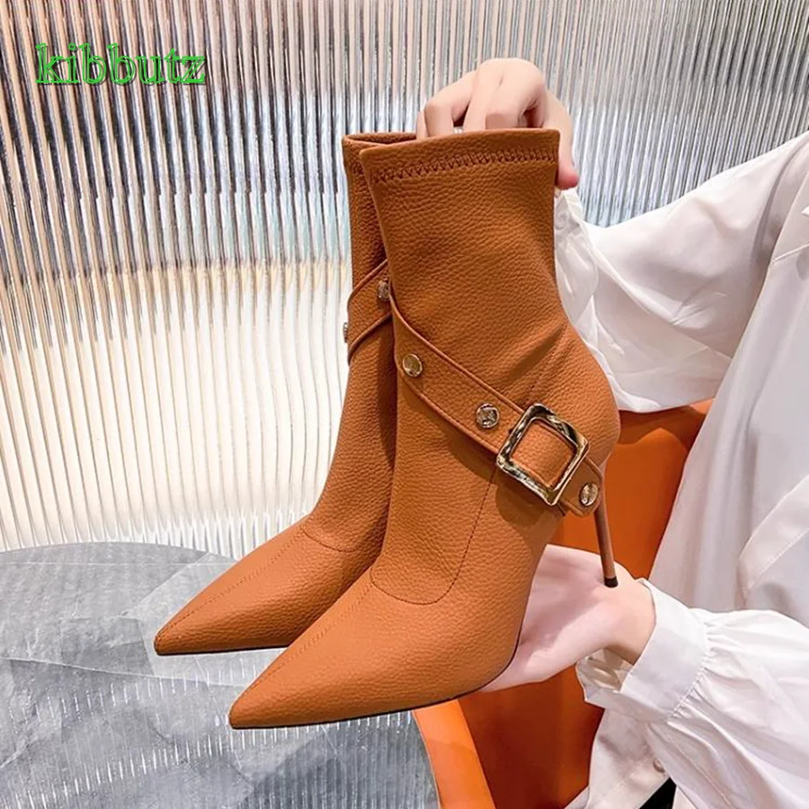 

Studded Buckle Leather Short Boots,Fashionable Pointed Toe Stiletto Women Shoes Camping Party Boots 2023 New Zapatos Para Mujere