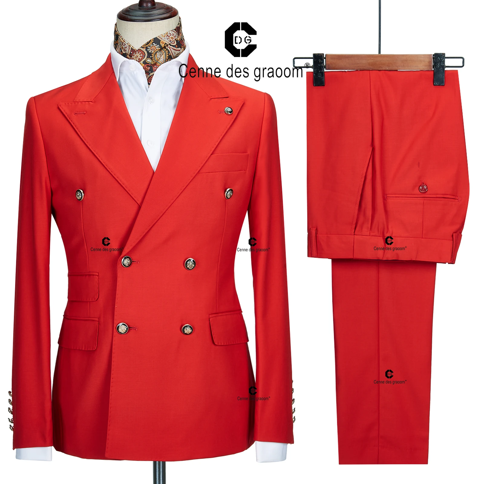 Cenne Des Graoom 2023 New Elegant Suits For Men Double Breasted Two Pieces Set Slim Fit High Quality Wedding Party Costume Red