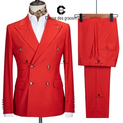 Cenne Des Graoom 2023 New Elegant Suits For Men Double Breasted Two Pieces Set Slim Fit High Quality Wedding Party Costume Red