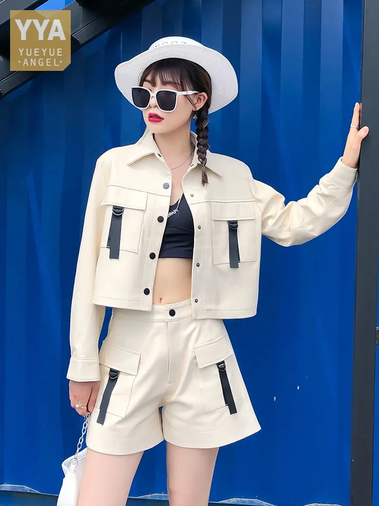 Women Sheepskin Genuine Leather Jacket Shorts Matching Set Outfit Spring Fashion High Street Safari Style Two Piece Sets Female