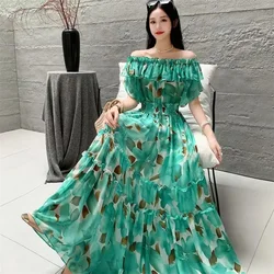 2024 New Summer Women Sexy Slash Neck Short Sleeve Slim Long Dress Fashion Patchwork Big Hem Sweet Ruffles Floral Dress