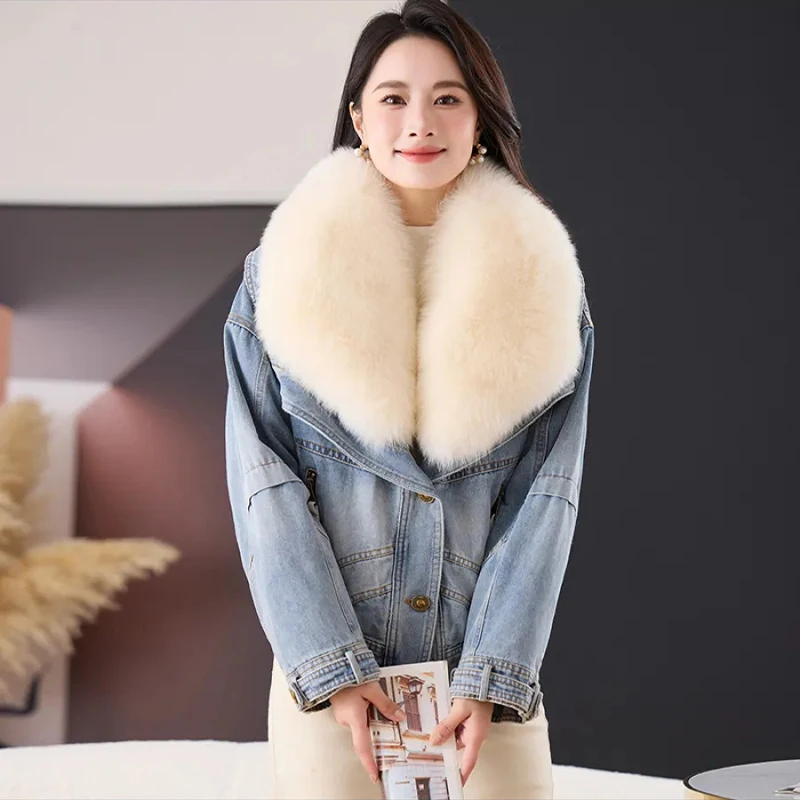 2023 Hot Sales New Fashion Denim Goose Down Big White Fox Fur Collar Detachable Goose Down Filling Lnner Lining High End Jacket