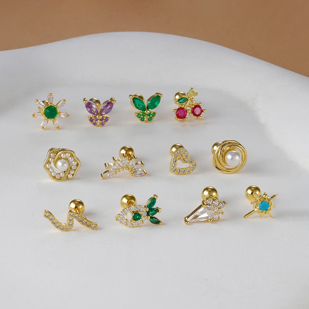 

1 шт. крошечные серьги-гвоздики из нержавеющей стали с цветком в форме сердца и бабочки для женщин, золотой цвет, циркон, гипоаллергенные украшения для пирсинга хряща