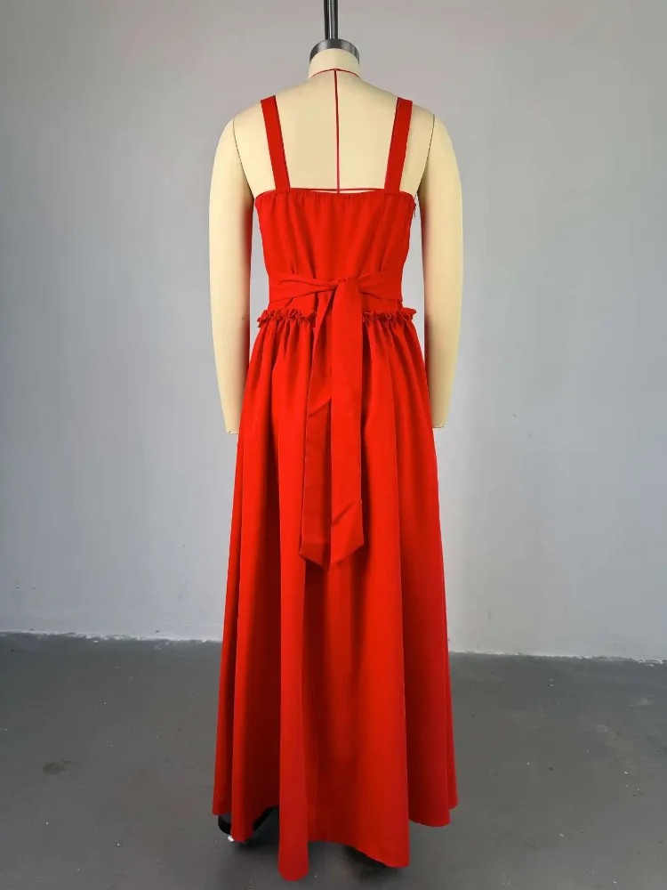 Abito lungo da donna Abiti a linea con scollo a V senza maniche Casual con lacci Vita alta Abiti slim fit Elegante festa notturna Primavera 2025