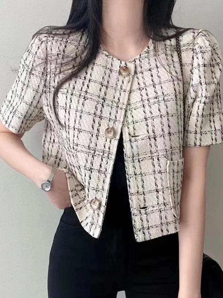 Abrigo corto e para mujer, cárdigan abierto de Tweed hoado con cuello redondo fino y doble bolsillo, Top estilo viaj...