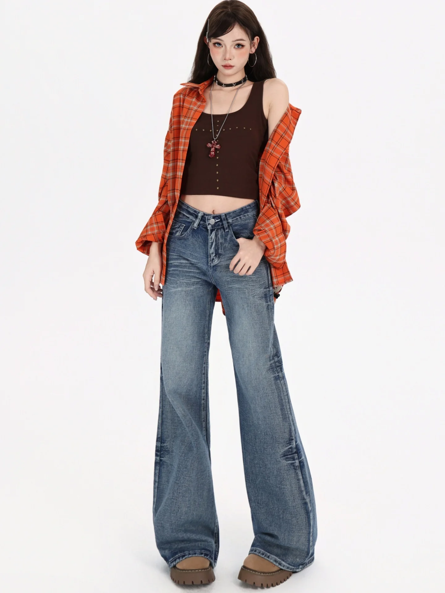 Plus Size American Sle Jeans a gamba larga a vita alta Donna Loose Fit Casual Taglio dritto Bootcut Pantaloni in denim Autunno Nuovi arrivi