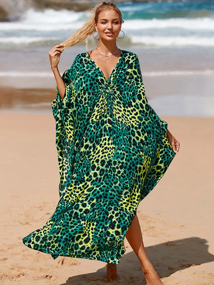

Пляжные кафтаны для женщин, модные платья макси с V-образным вырезом и складками, купальные костюмы с принтом, длинная туника парео, элегантные накидки, высокое качество