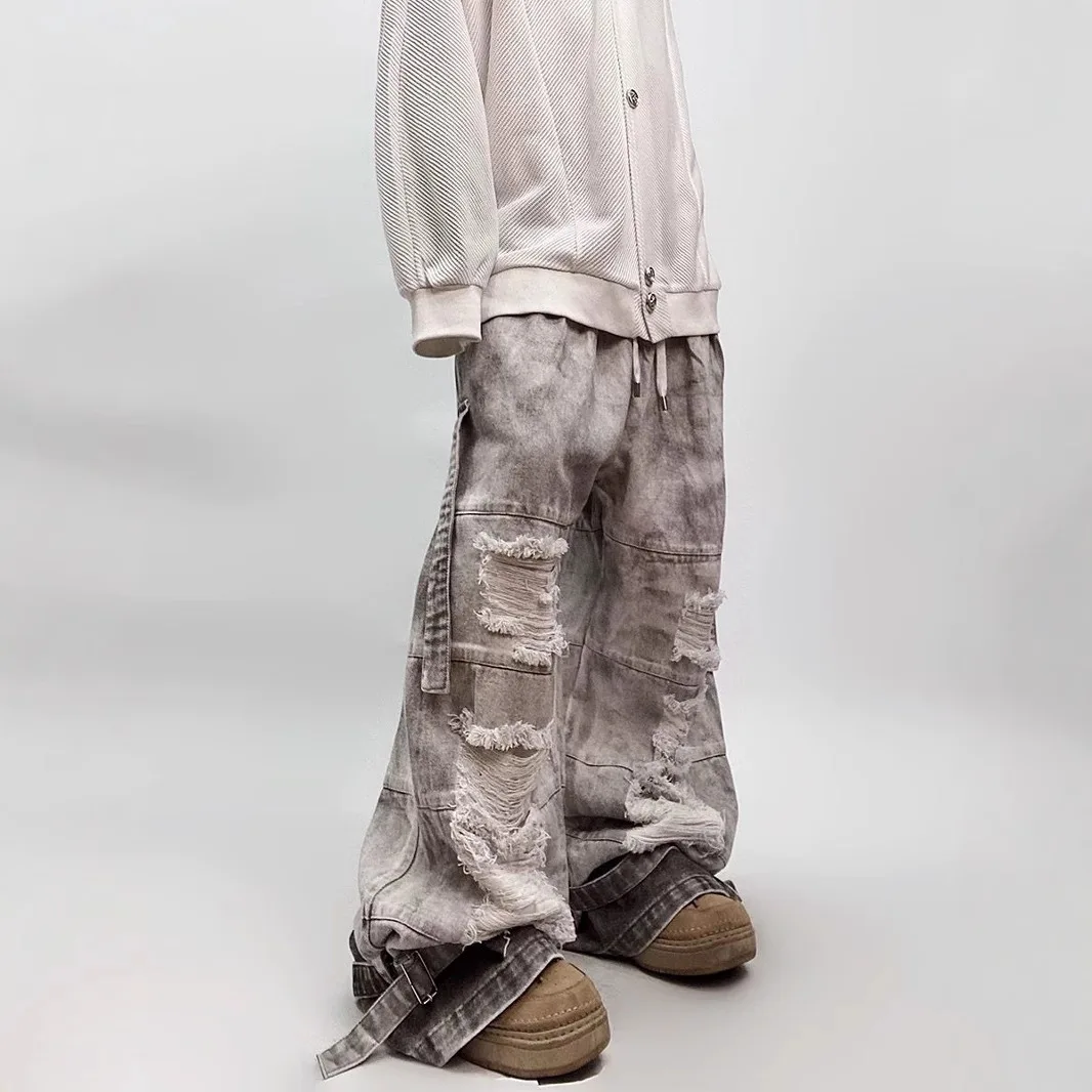 American Retro Washed Denim Cargo Pants Men Fashion High Street Hip-hop Baggy Wide Leg Pants Mud Dyeing Jeans Y2k Streetwear
