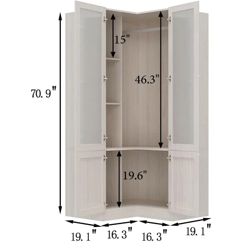 2025 L-Shape Wardrobe Armoire Closet with Hanging Rod & Shelf Wardrobe with Gold Knobs, Wood Grain, 35.4”D x 35.4”W x 70.9”H