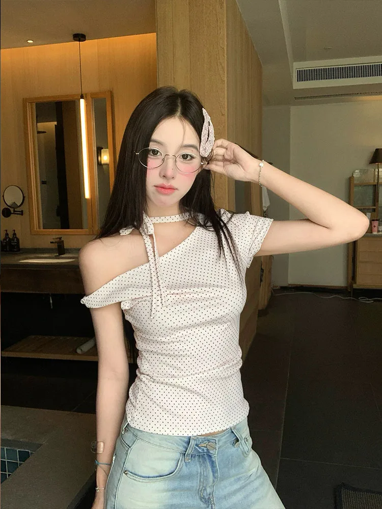 Bow tie strap off shoulder short sleeved T-shirt for women, Xia Chun wants to slim fit, off shoulder polka dot top
