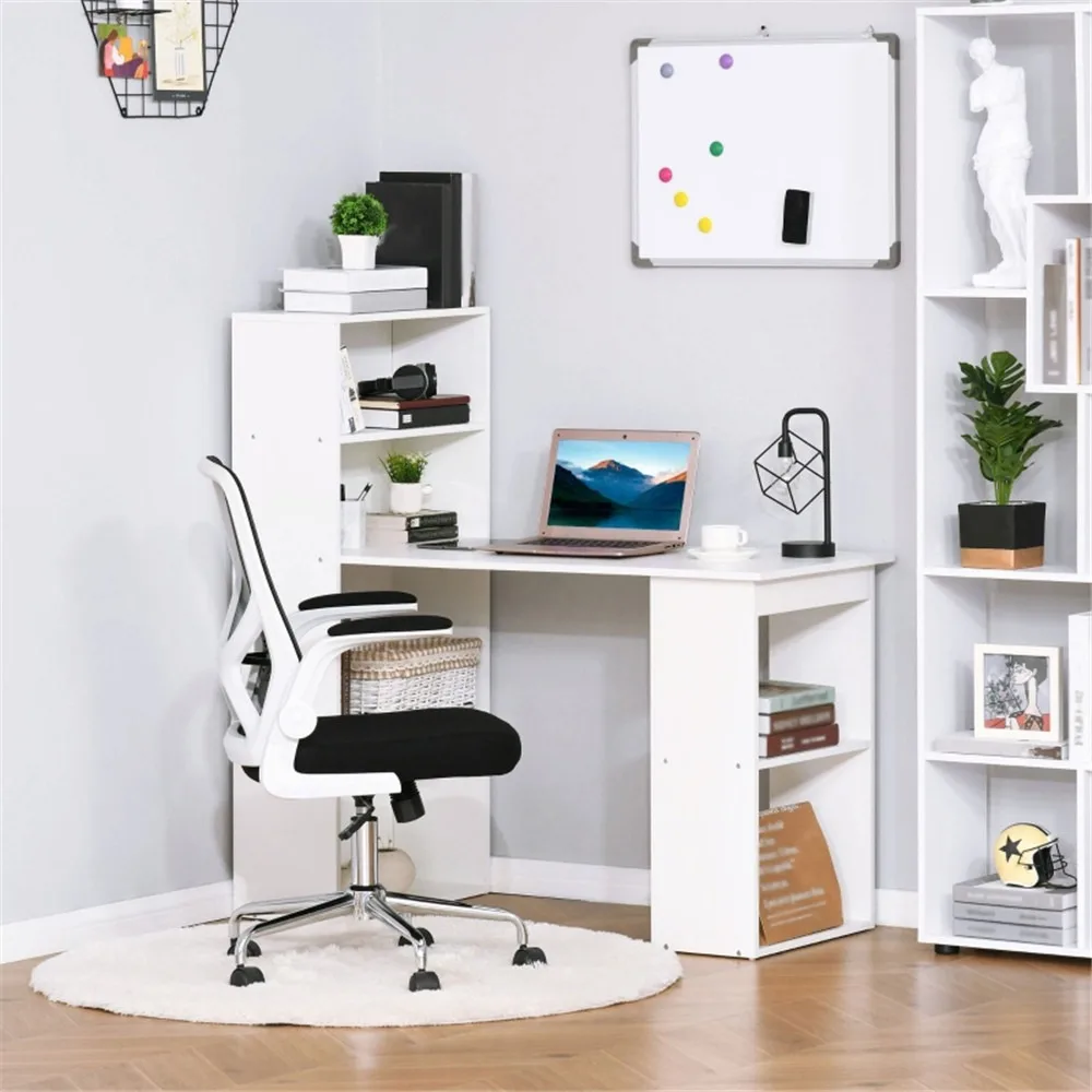 

Modern L-Shaped Desk with 6 Shelves – Space-Saving Design for Home Office/Dorm, 44 lbs Desktop Capacity