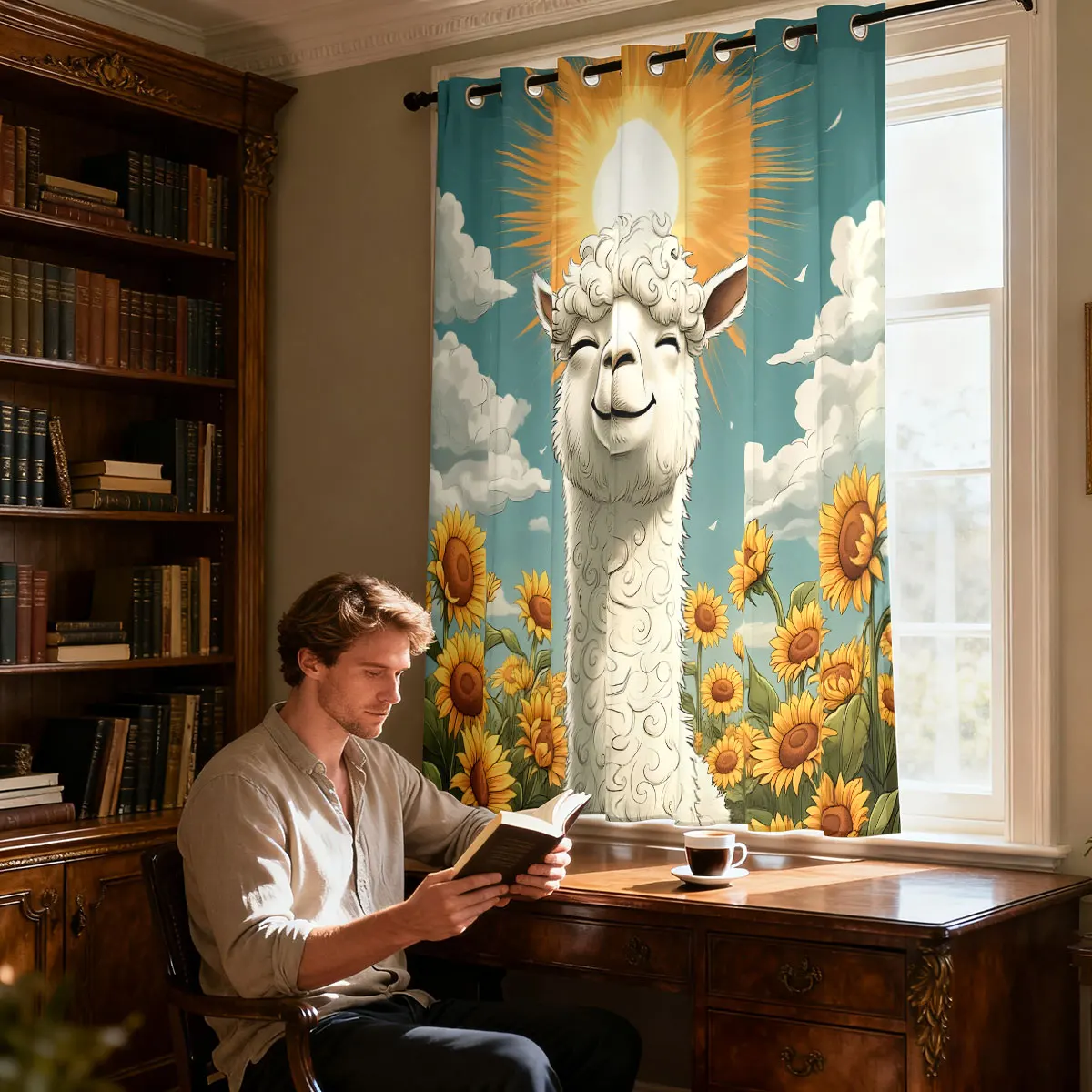 Warm Sun Alpaca Sunflower Ocean Floral Print Single Panel Loop Top Curtain 1PC, Hanging Door Curtain For Living Room Bedroom, view 3