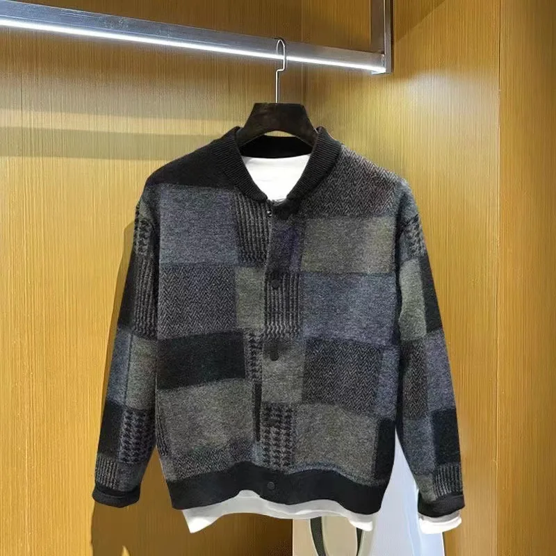 

Осенний ретро-свитер унисекс с отложным воротником, в стиле колор-блок, с клетчатым узором, в японском стиле, свободного кроя, повседневная куртка-рубашка