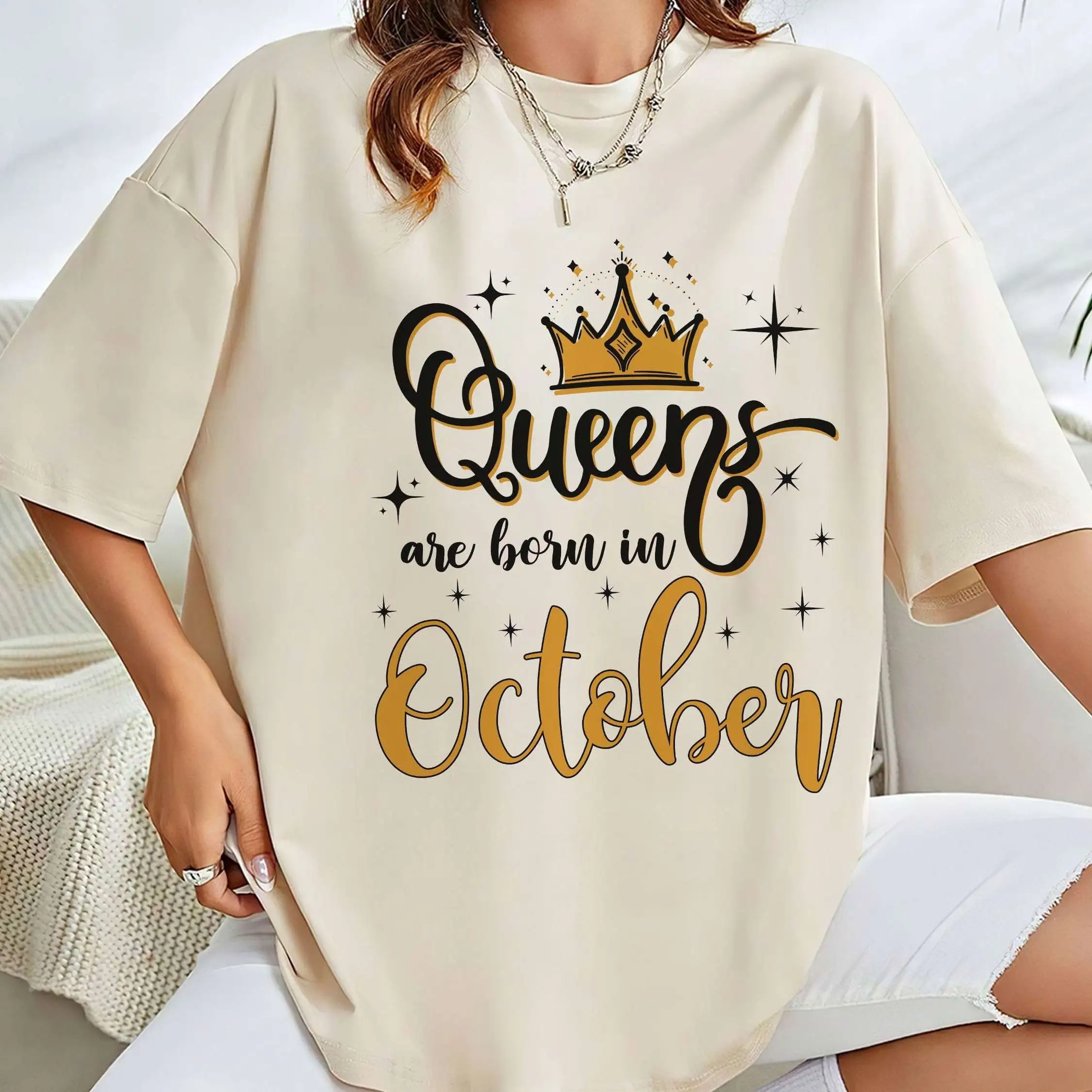 Queens Are Born In October Golden Crown Birthday T Shirt Womens Party Women Girl