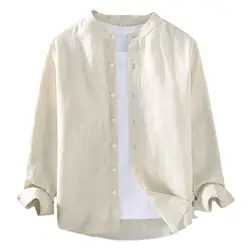Pure Linen Men& Long-sleeved Shirt Spring and Summer National Style Stand Collar Shirt Large Size Loose Versatile Trendy Clothes