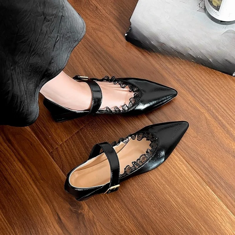 Low Heeled Single Shoes Autumn New Pointed Toe Shallow Mouth Lace Trim One-Line Buckle Soft Sole Non-Slip Block Heel Shoes