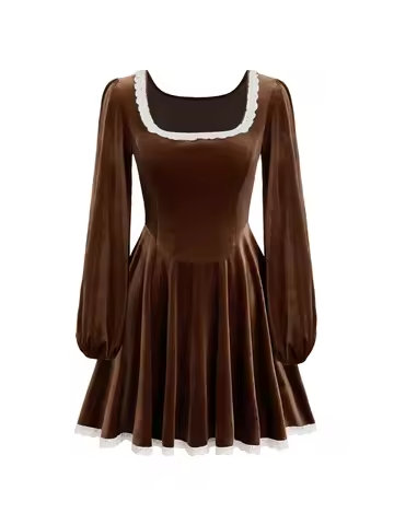 2025 Autumn/Winter New Collection Women's Brown Velvet Long-Sleeved Casual Dress Elegant and Relaxed Evening Wear