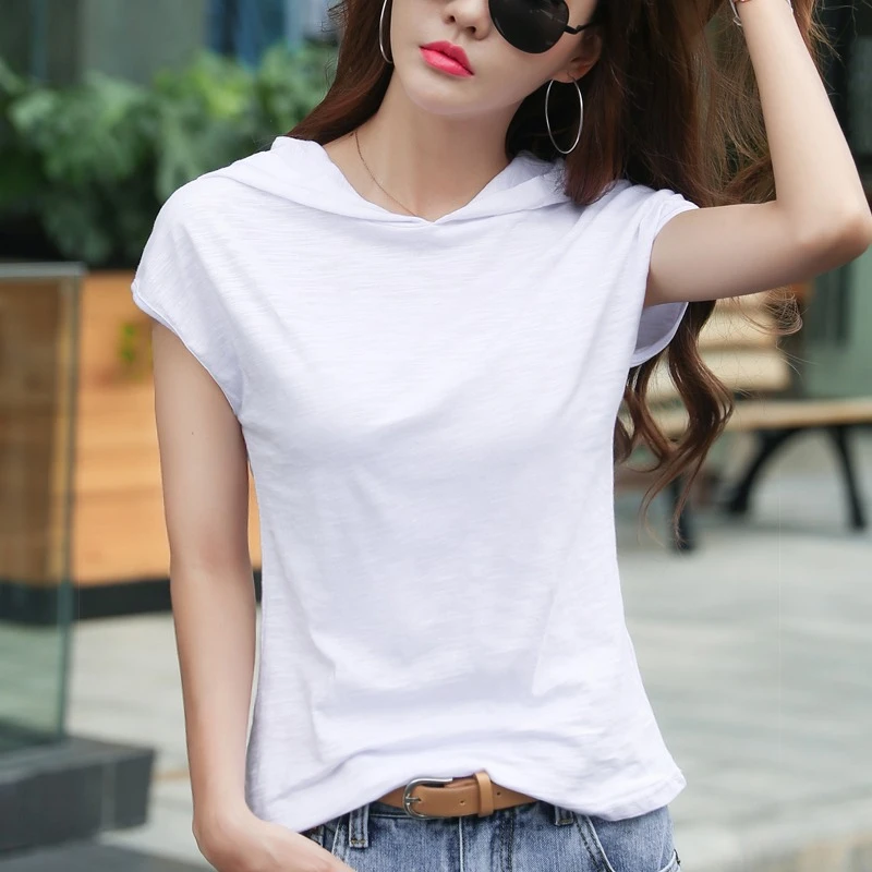 Image of AOSSVIAO 2026 Sommer Damen Kurzarm Kapuzen-T-Shirt aus Slub-Baumwolle im koreanischen Stil – Lockeres, lässiges, einfarbiges Basic-Oberteil