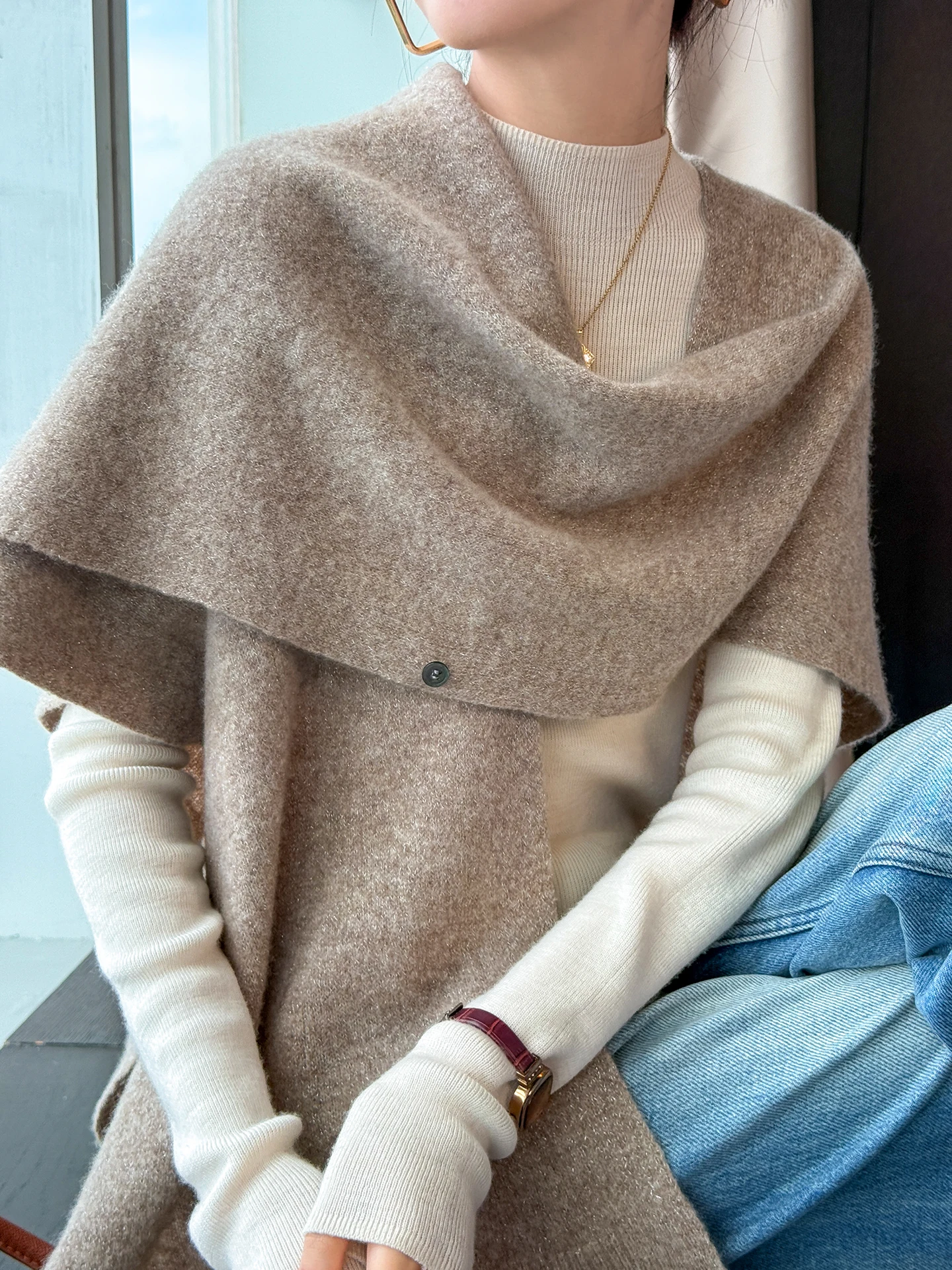 Shiny Thread Shawl 100% Wool Knitted Cape Fashionable Soft Warm Solid Color Loose Fitting Pullover Sweater Shawl