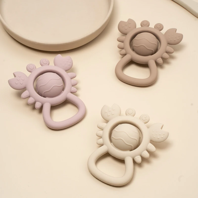 Baby-Krabben-Rassel-Spielzeug, Silikon-Beißringe, BPA-frei, 2-in-1-Rassel und Beißring, Spielzeug für Babys, Neugeborene, Geschenke, Säuglingsrasseln mit weichem Griff
