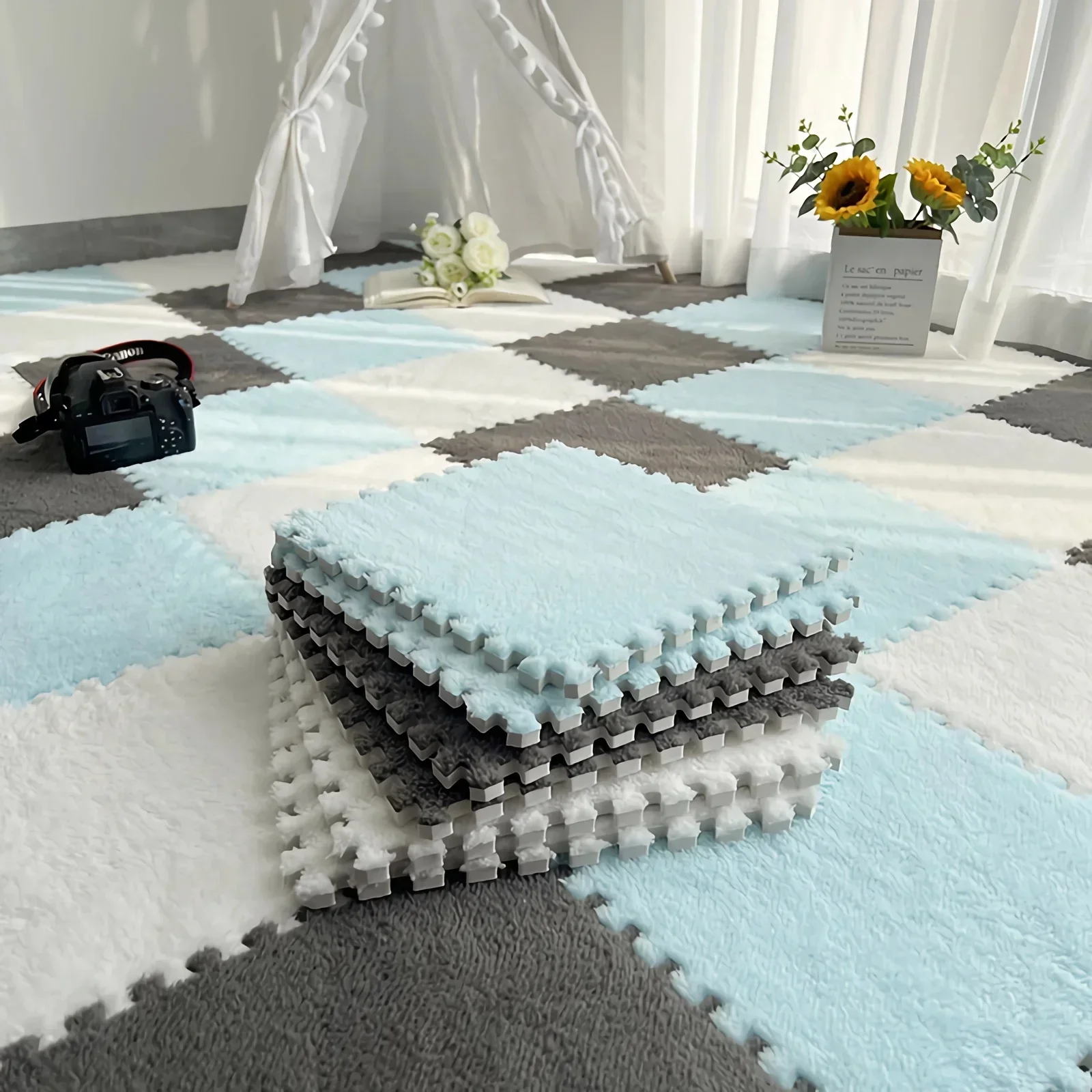 Alfombra de suelo de rompecabezas de felpa de 30x30cm, alfombra de juego entrelazada de espuma suave para habitación de niños, alfombra gruesa acolchada, azulejos, fácil de limpiar, antideslizante