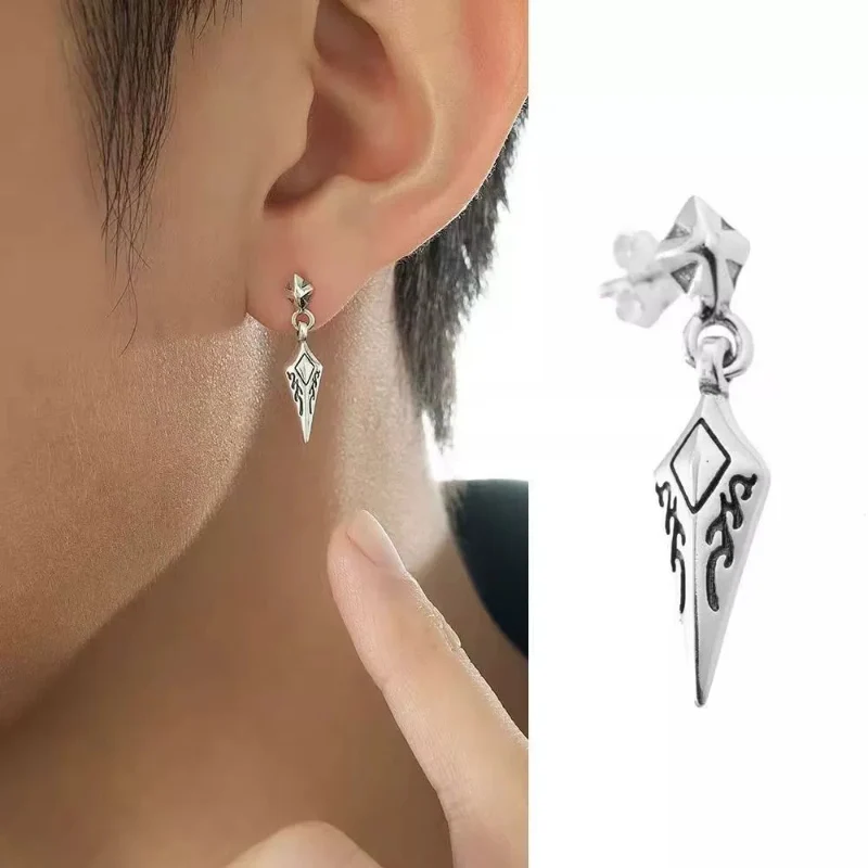 Geometric Arrows Patterned Earrings for Men Cold and Personality Tapered Ear Loops Trendy and High-end Thai Silver Cross Earring