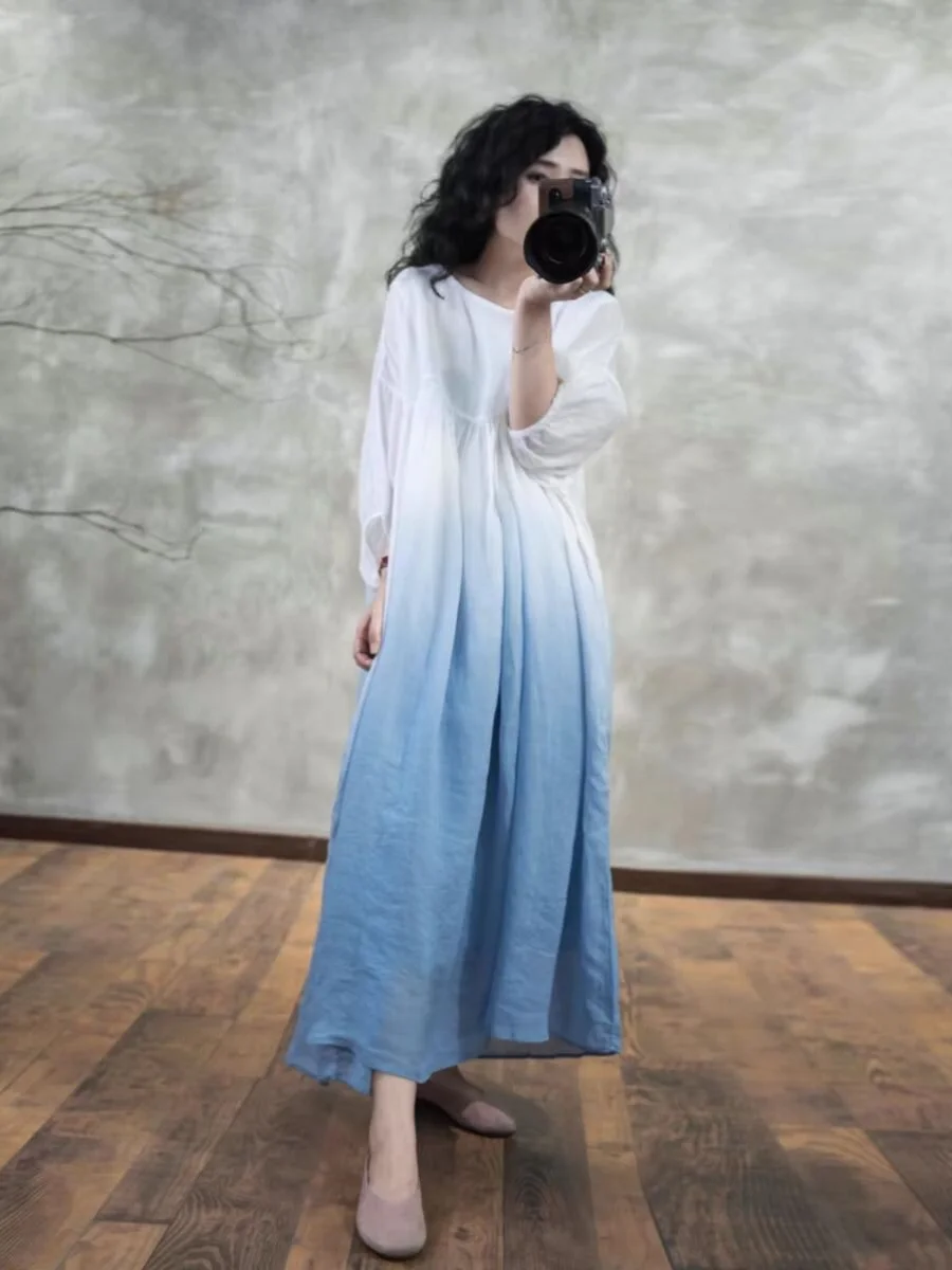 Summer Beach Vaion Women's Cotton Linen adient Color Dr Artistic Retro Sle Long A-Line Skirt with Lantern Sves