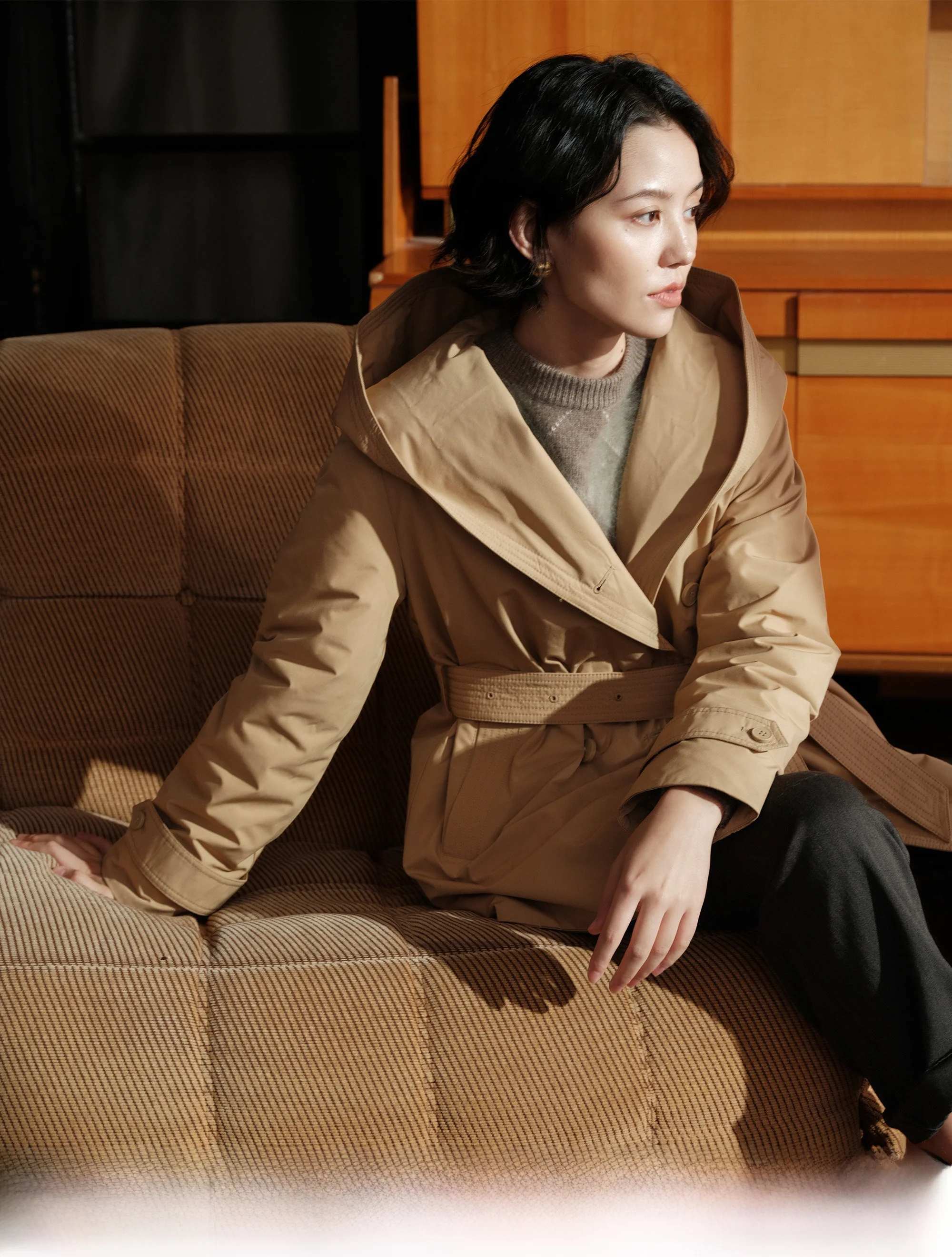 

i Color Hooded Belted down Jaet 90% White Goose down Windbreaker Commute Sle Regular Length Long Sve Warm Coat