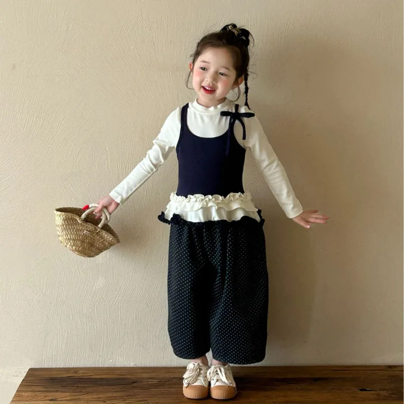 

2025 Autumn Winter Girl Children Kid Clothes Daily Ballet Style Lace Strap Fake Two-Piece Pullover Base Shirt 3-10 Years Outfit