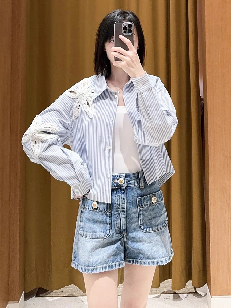 

S Home Nan You High End Women's irt Autumn Season Bead Embellied Asymmetrical Design Striped Top Commute Sle Regular Fit