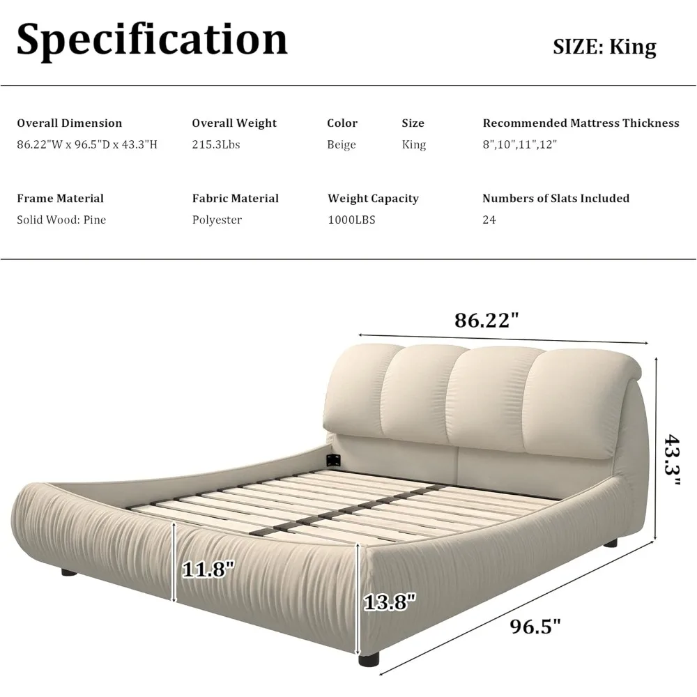 Deluxe king-size upholstered platform bed with upholstered backrest, soft-framed cloud bed, thickened pine slats, metal legs