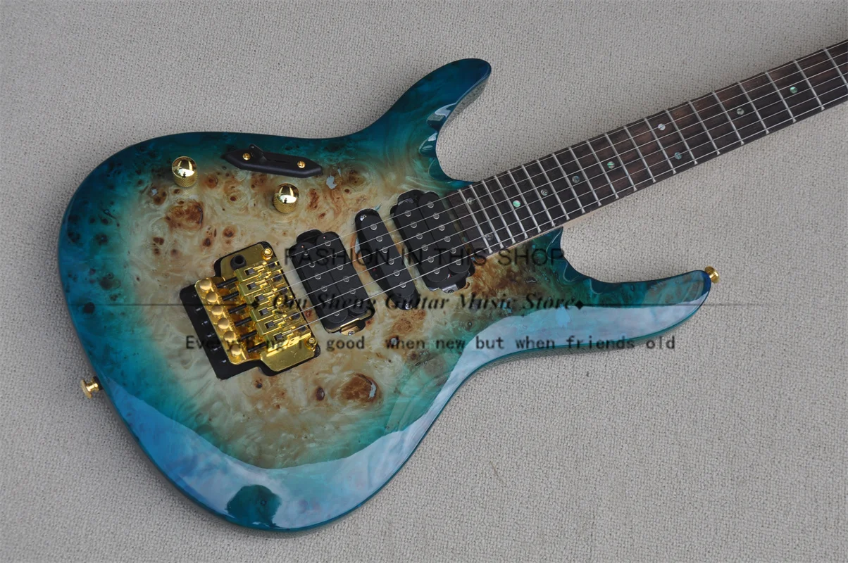 Left-hand Electric Guitar, Blue-Ring Wood-Colored Guitar, Ultra-Thin Guitar, Grooved Fretboard Inlay, Golden Tremolo Bridge