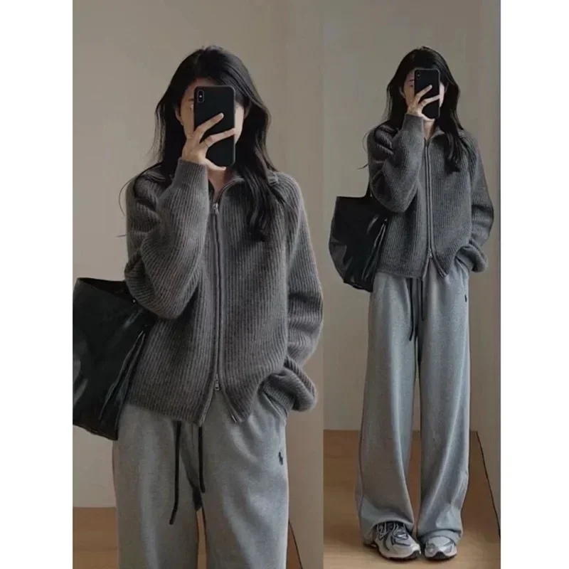 Autumn Sweater Women Retro Korean Flavor Y2k Elegant Tops Korean Zip-up Knit Cardigan Loose Thickened Outerwear Streetwear